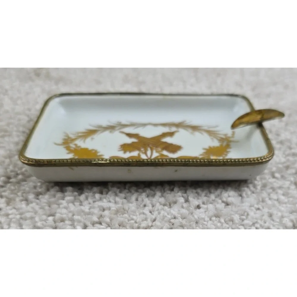 Vintage Paris Style Limoges France Porcelain Ashtray Gold Gilt Brass Trim